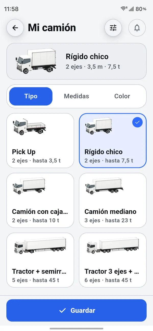 Pantalla Mi camión con datos de ejemplo: camión rígido de 4,0 m de alto, 2,5 m de ancho y 9,0 m de largo.