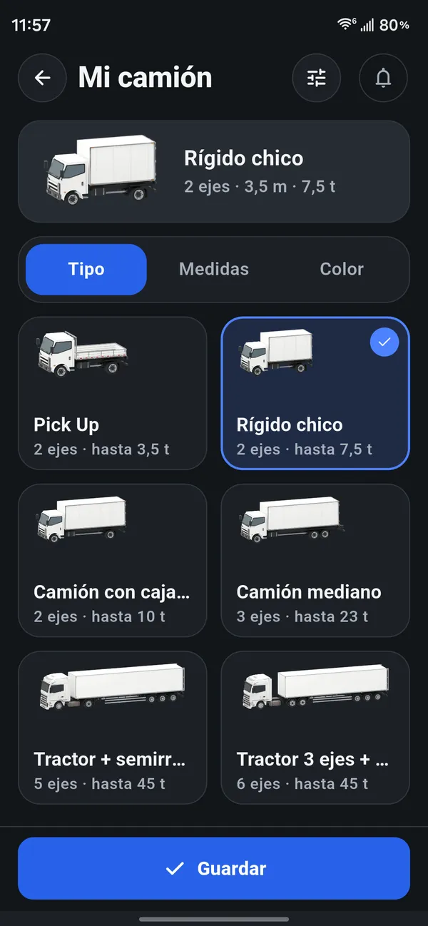 Pantalla Mi camión con medidas de ejemplo, en modo oscuro.