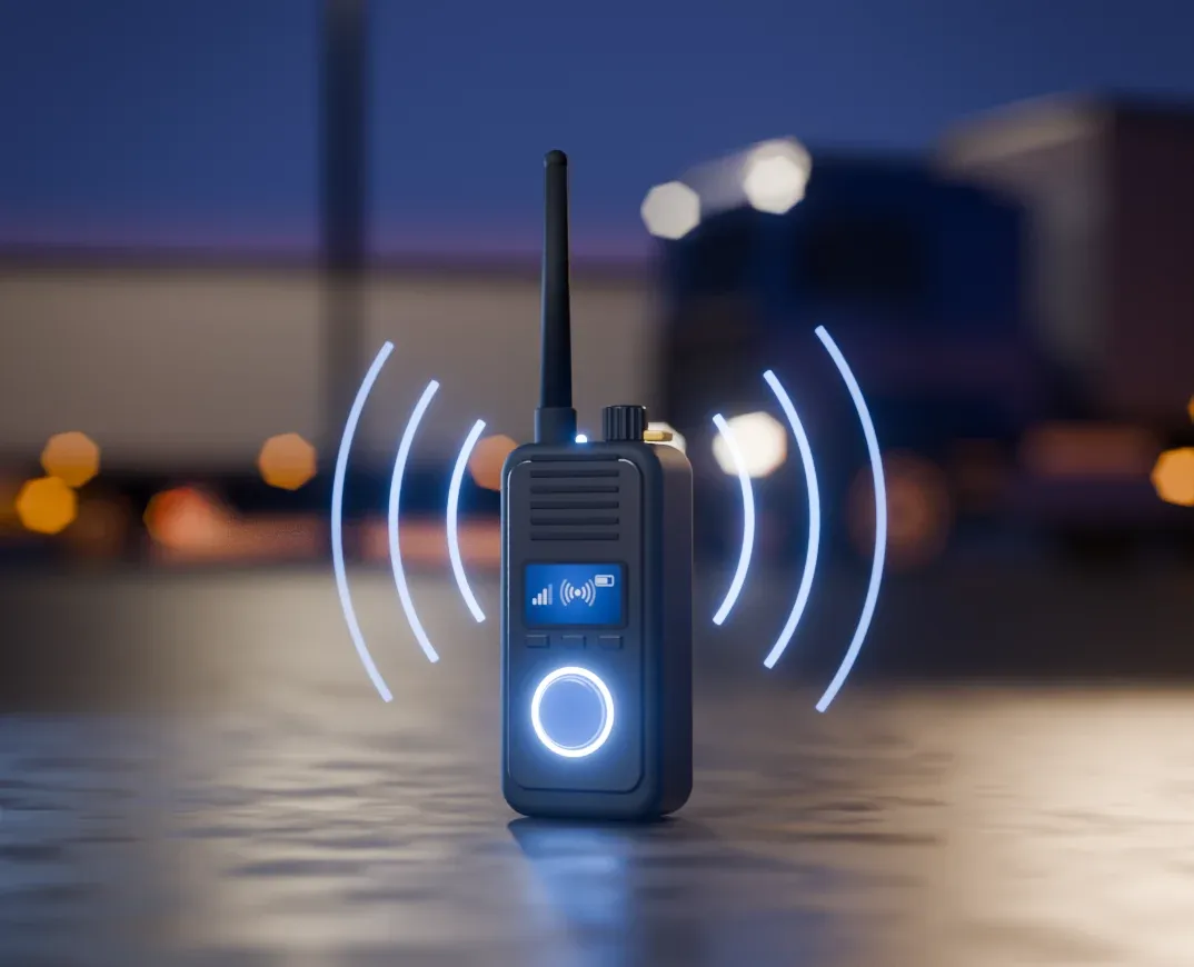 Ilustración de un handy de radio con un camión de fondo.
